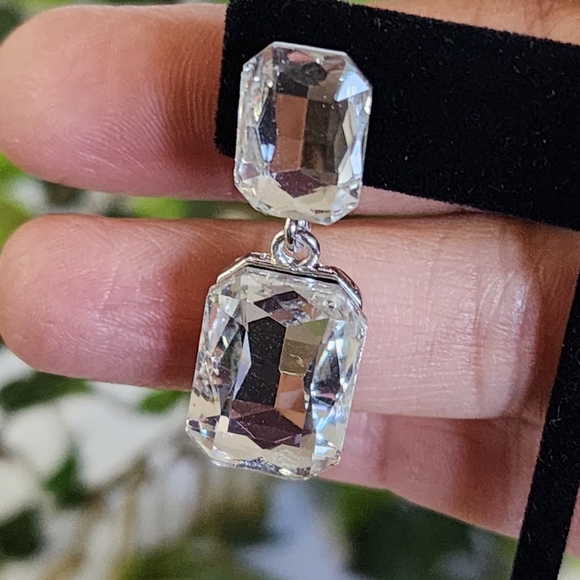 Silver Emerald Cut Crystal Drop Earrings - Picture 6 of 6